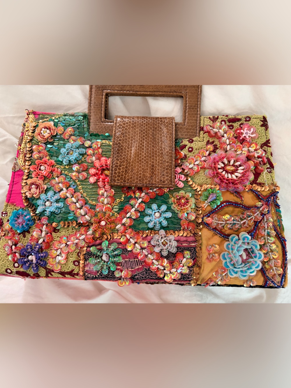 Multicolor Embellished Women’s Clutch with Brown Faux-Snakeskin Handle